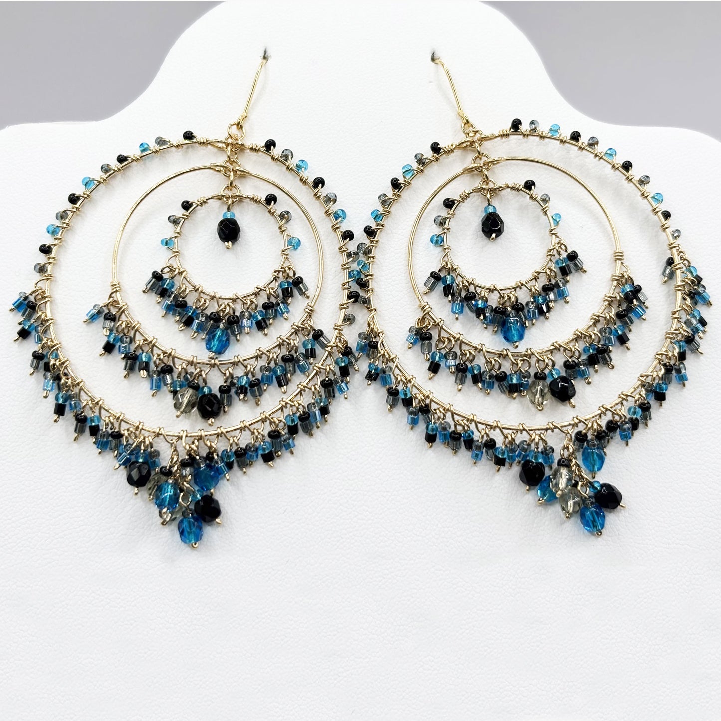 Gold Tone Multi-Layer Chandelier Hoop Earrings with Blue & Black Fire Polished Beads Hypoallergenic Statement Jewelry