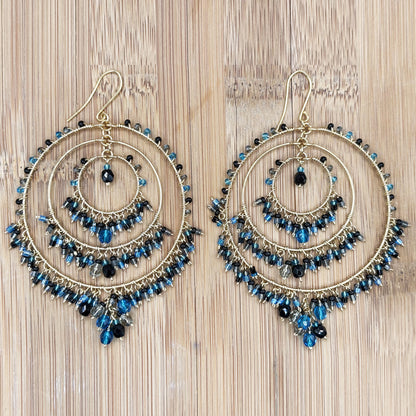 Gold Tone Multi-Layer Chandelier Hoop Earrings with Blue & Black Fire Polished Beads Hypoallergenic Statement Jewelry