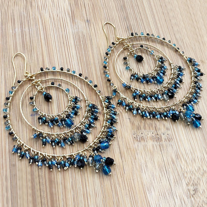 Gold Tone Multi-Layer Chandelier Hoop Earrings with Blue & Black Fire Polished Beads Hypoallergenic Statement Jewelry