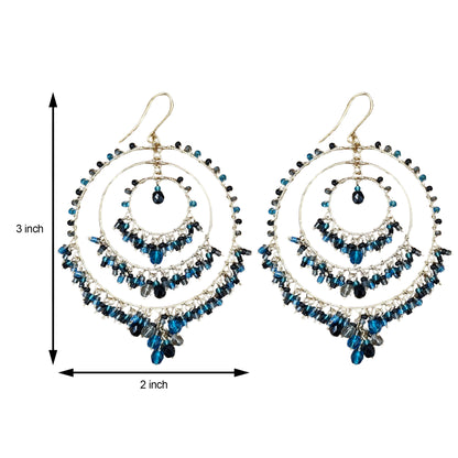 Gold Tone Multi-Layer Chandelier Hoop Earrings with Blue & Black Fire Polished Beads Hypoallergenic Statement Jewelry