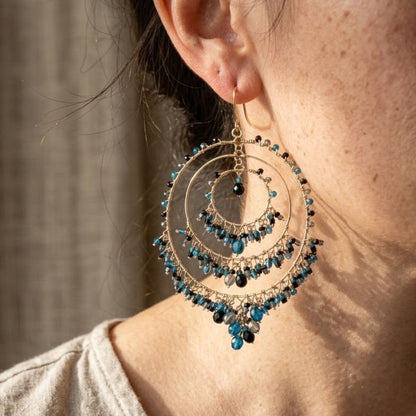 Gold Tone Multi-Layer Chandelier Hoop Earrings with Blue & Black Fire Polished Beads Hypoallergenic Statement Jewelry