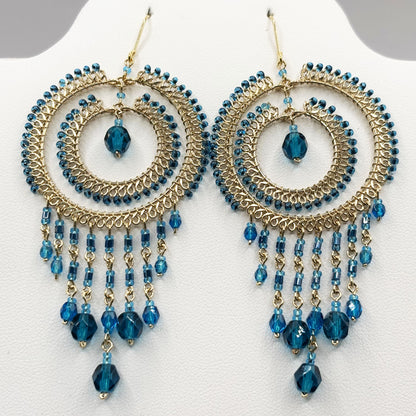 Gold Tone Chandelier Earrings with Blue Czech Beads Dangle Boho Statement Jewelry Hypoallergenic Stainless Steel