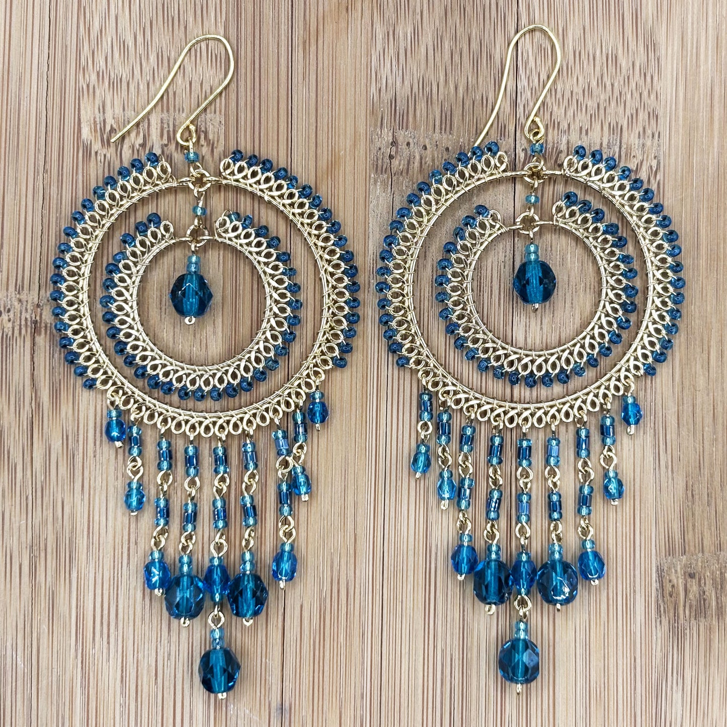 Gold Tone Chandelier Earrings with Blue Czech Beads Dangle Boho Statement Jewelry Hypoallergenic Stainless Steel