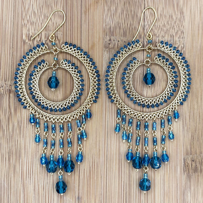 Gold Tone Chandelier Earrings with Blue Czech Beads Dangle Boho Statement Jewelry Hypoallergenic Stainless Steel