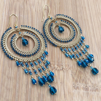 Gold Tone Chandelier Earrings with Blue Czech Beads Dangle Boho Statement Jewelry Hypoallergenic Stainless Steel