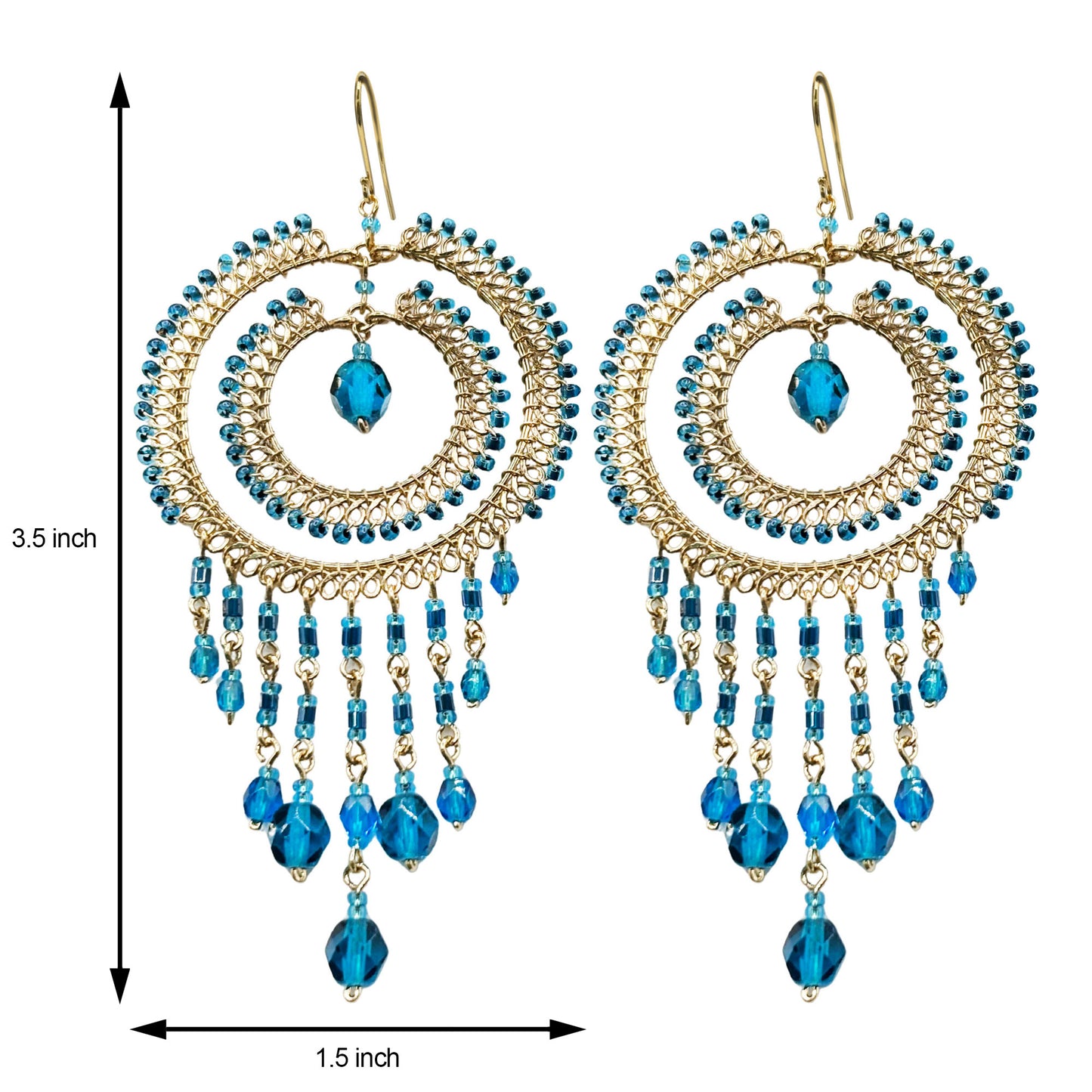Gold Tone Chandelier Earrings with Blue Czech Beads Dangle Boho Statement Jewelry Hypoallergenic Stainless Steel