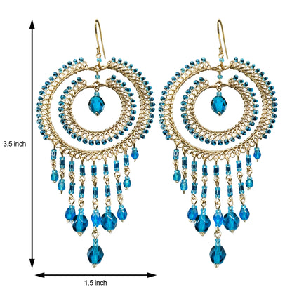 Gold Tone Chandelier Earrings with Blue Czech Beads Dangle Boho Statement Jewelry Hypoallergenic Stainless Steel