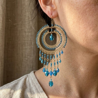 Gold Tone Chandelier Earrings with Blue Czech Beads Dangle Boho Statement Jewelry Hypoallergenic Stainless Steel