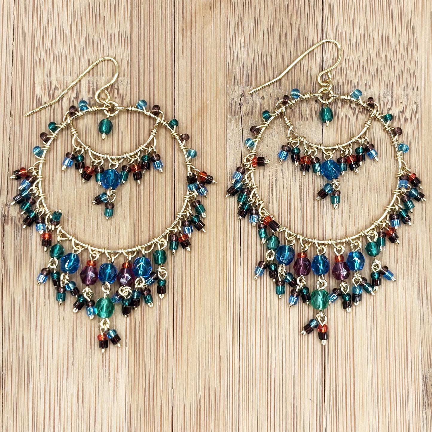 Gold Tone Chandelier Earrings with Multicolor Crystal Beads Boho Dangle Statement Jewelry Hypoallergenic Stainless Steel