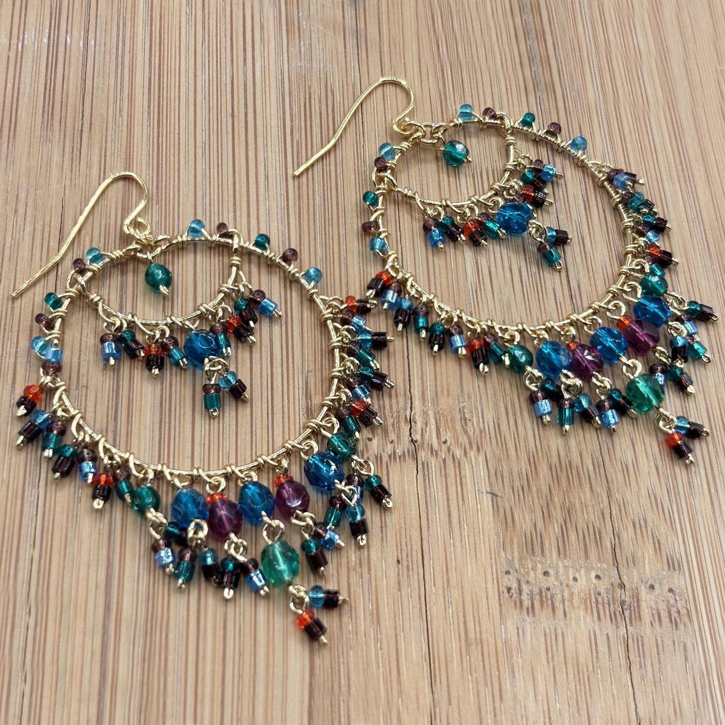 Gold Tone Chandelier Earrings with Multicolor Crystal Beads Boho Dangle Statement Jewelry Hypoallergenic Stainless Steel