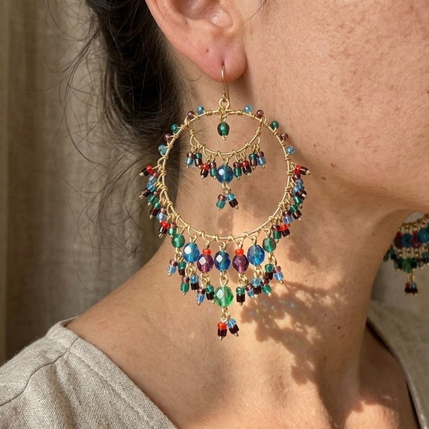 Gold Tone Chandelier Earrings with Multicolor Crystal Beads Boho Dangle Statement Jewelry Hypoallergenic Stainless Steel