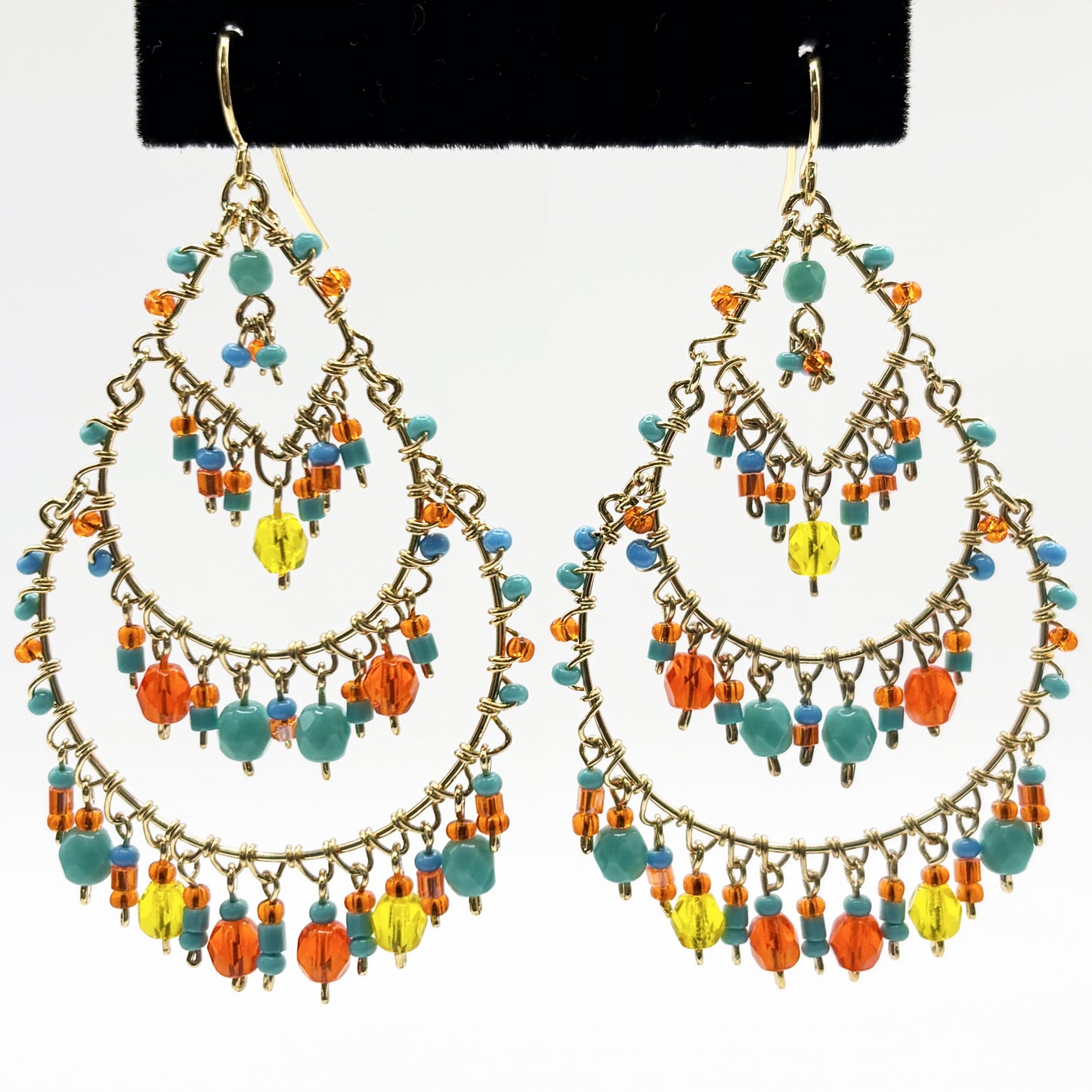 Gold Tone Multicolor Fire Polished Bead Chandelier Earrings Boho Dangle Statement Jewelry Hypoallergenic Stainless Steel