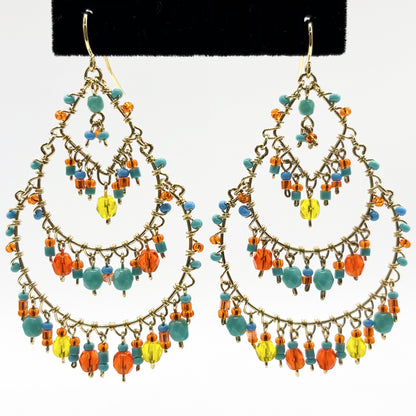 Gold Tone Multicolor Fire Polished Bead Chandelier Earrings Boho Dangle Statement Jewelry Hypoallergenic Stainless Steel