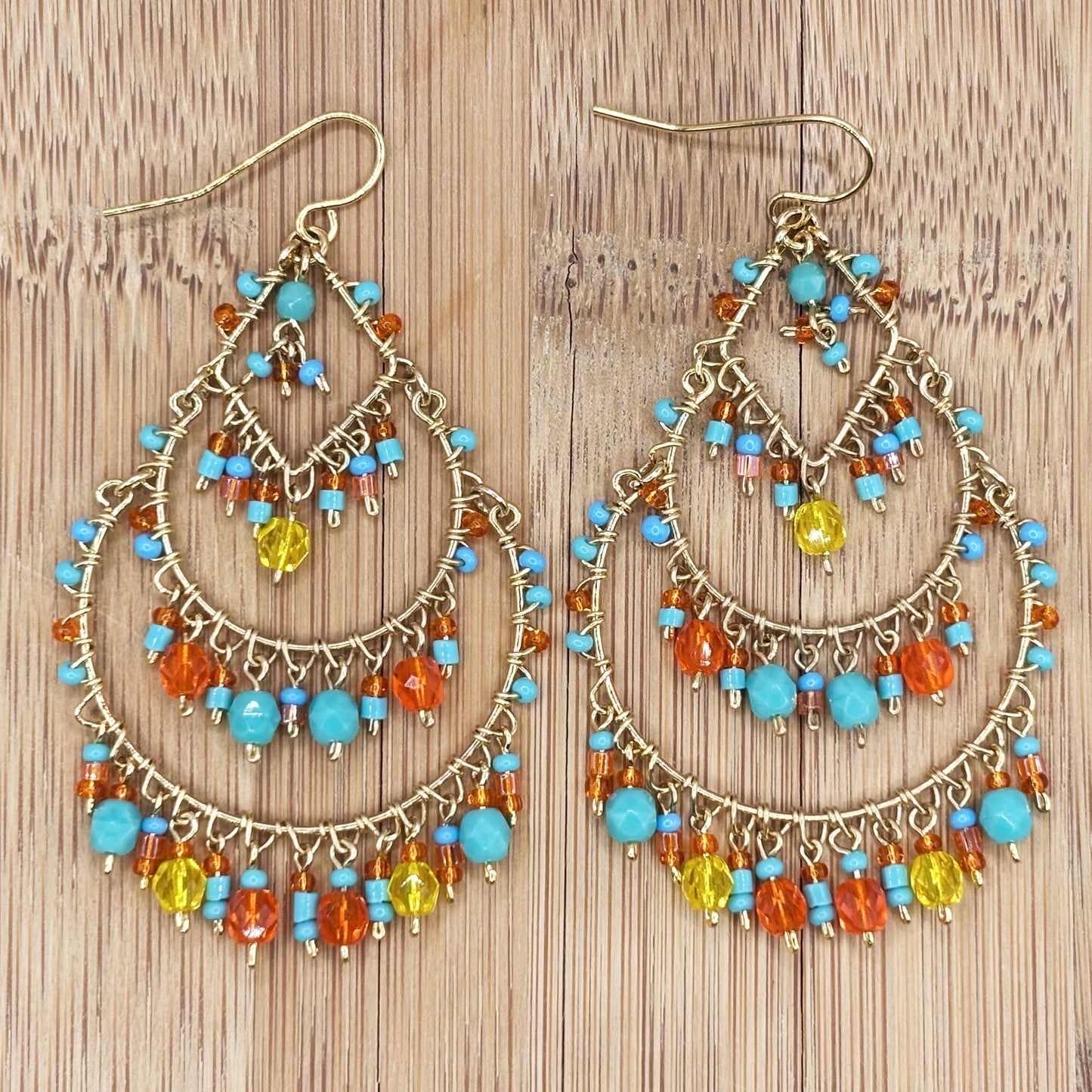 Gold Tone Multicolor Fire Polished Bead Chandelier Earrings Boho Dangle Statement Jewelry Hypoallergenic Stainless Steel