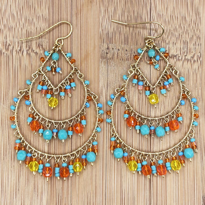 Gold Tone Multicolor Fire Polished Bead Chandelier Earrings Boho Dangle Statement Jewelry Hypoallergenic Stainless Steel