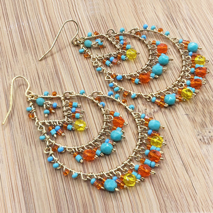 Gold Tone Multicolor Fire Polished Bead Chandelier Earrings Boho Dangle Statement Jewelry Hypoallergenic Stainless Steel