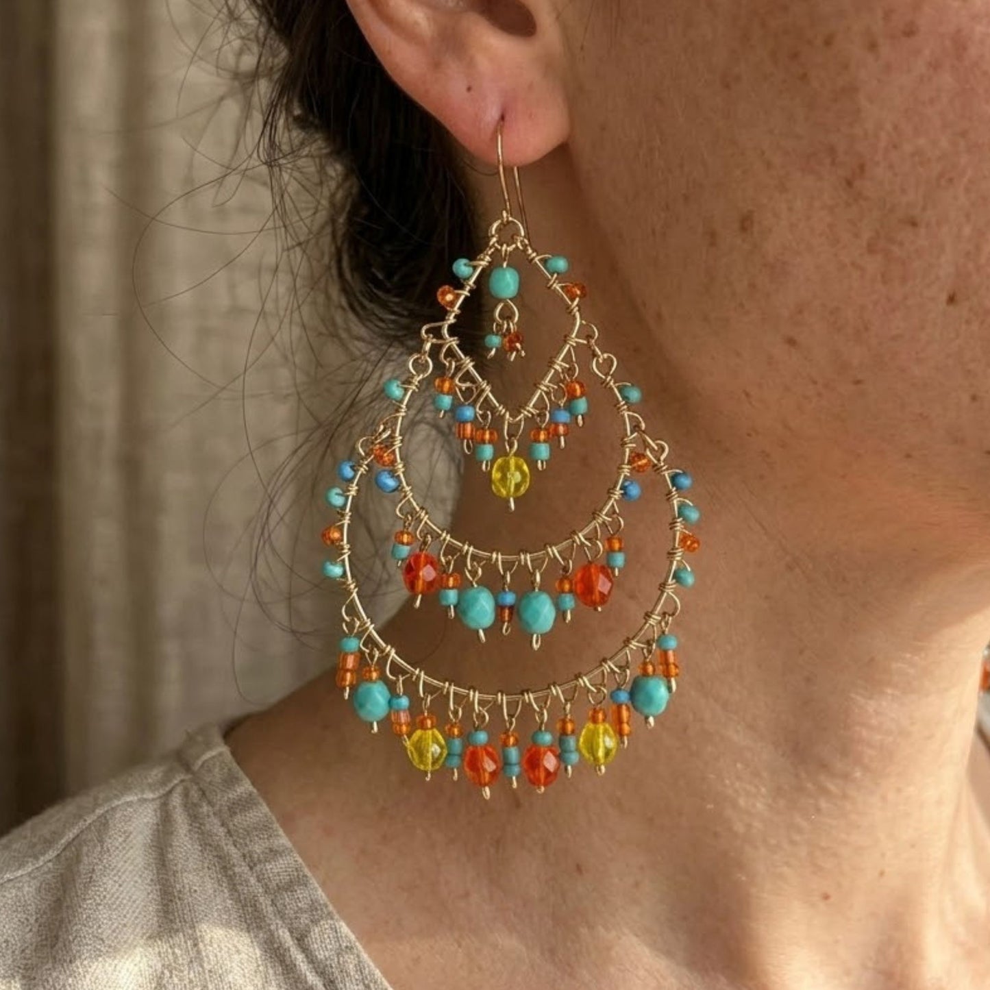 Gold Tone Multicolor Fire Polished Bead Chandelier Earrings Boho Dangle Statement Jewelry Hypoallergenic Stainless Steel