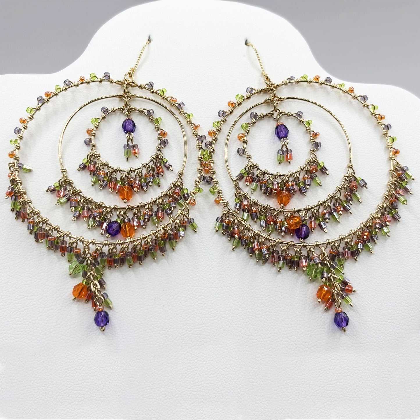 Gold Tone Tiered Chandelier Earrings with Fire Polished Beads Colorful Dangle Statement Jewelry