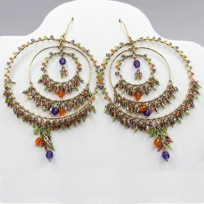 Gold Tone Tiered Chandelier Earrings with Fire Polished Beads Colorful Dangle Statement Jewelry