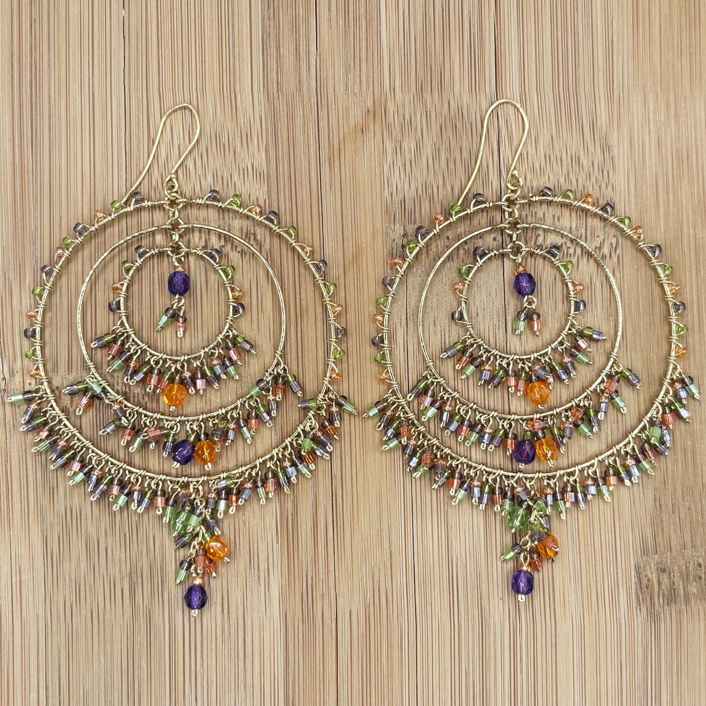 Gold Tone Tiered Chandelier Earrings with Fire Polished Beads Colorful Dangle Statement Jewelry