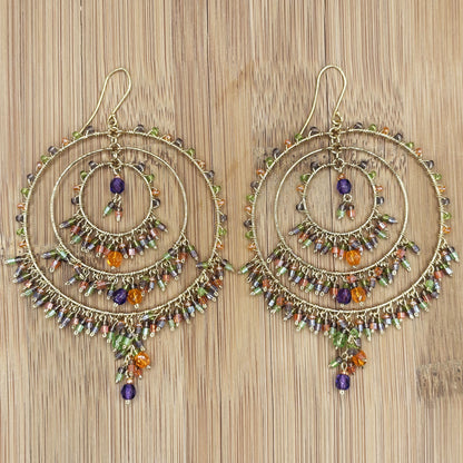 Gold Tone Tiered Chandelier Earrings with Fire Polished Beads Colorful Dangle Statement Jewelry