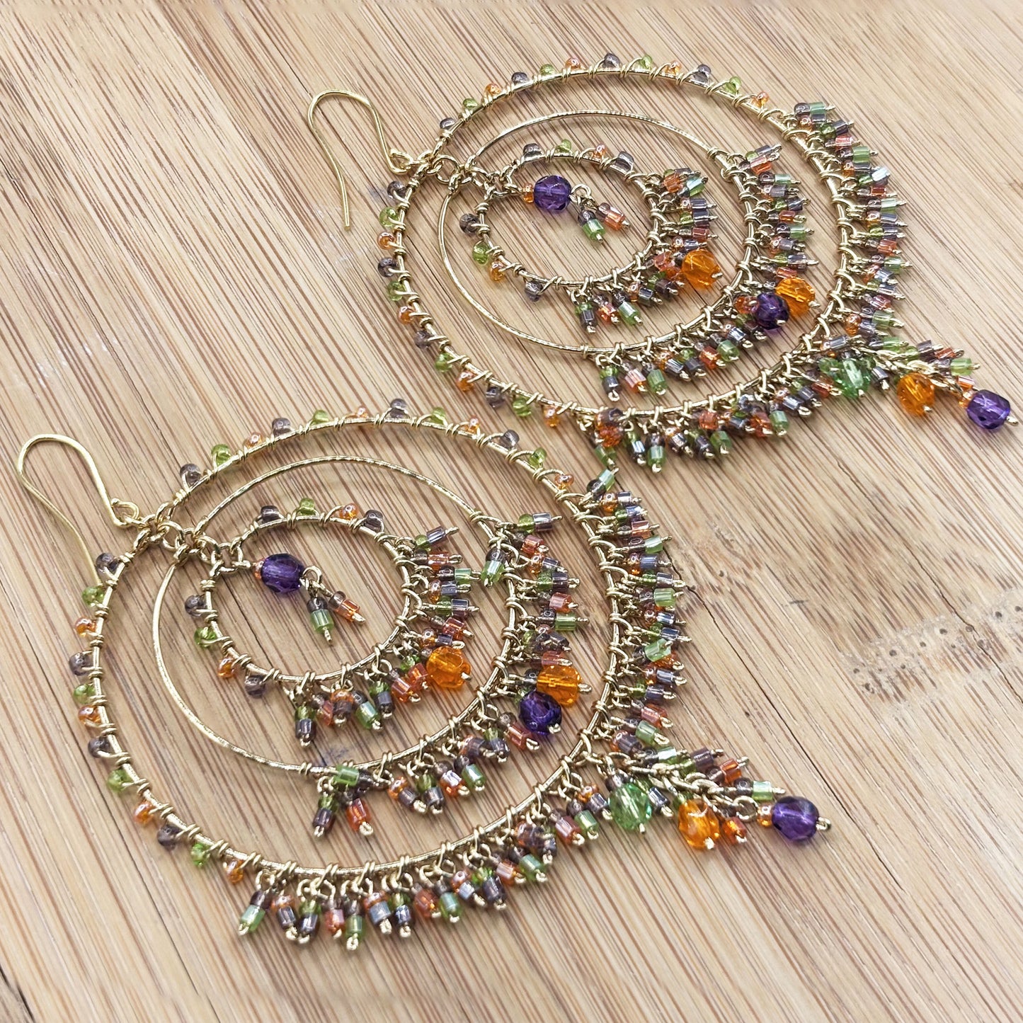 Gold Tone Tiered Chandelier Earrings with Fire Polished Beads Colorful Dangle Statement Jewelry