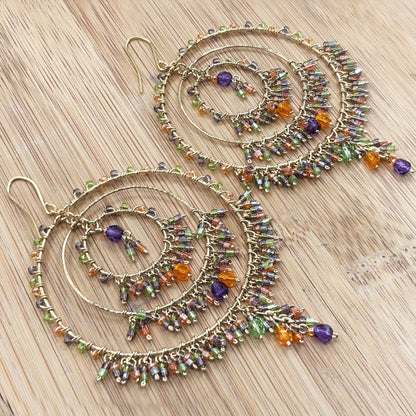 Gold Tone Tiered Chandelier Earrings with Fire Polished Beads Colorful Dangle Statement Jewelry