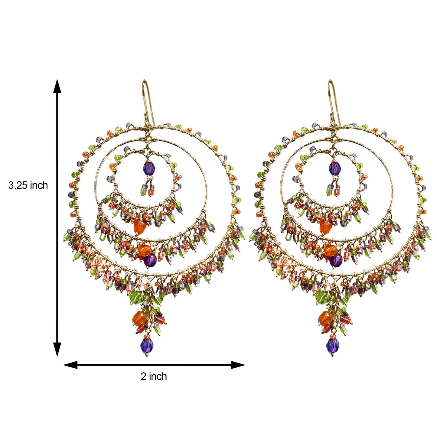Gold Tone Tiered Chandelier Earrings with Fire Polished Beads Colorful Dangle Statement Jewelry