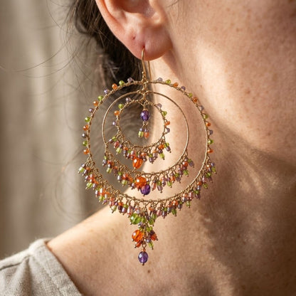 Gold Tone Tiered Chandelier Earrings with Fire Polished Beads Colorful Dangle Statement Jewelry