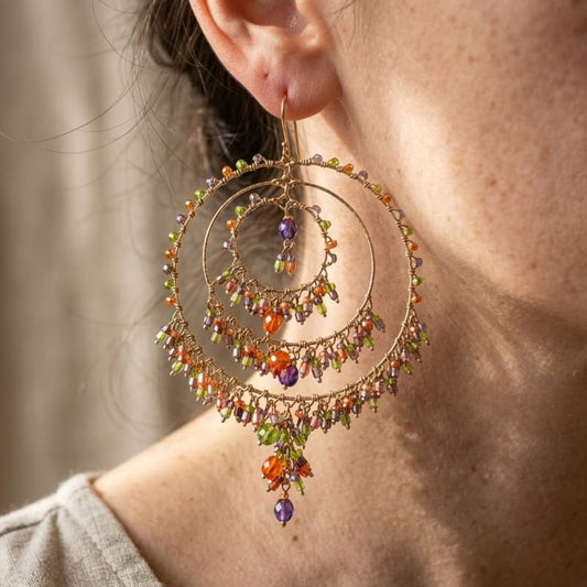 Gold Tone Tiered Chandelier Earrings with Fire Polished Beads Colorful Dangle Statement Jewelry