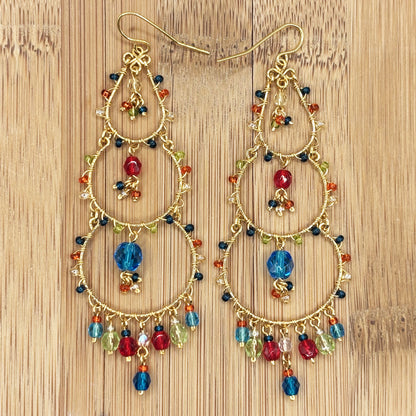 Gold Tone Tiered Chandelier Earrings with Blue Fire Polished Beads Statement Dangle Jewelry