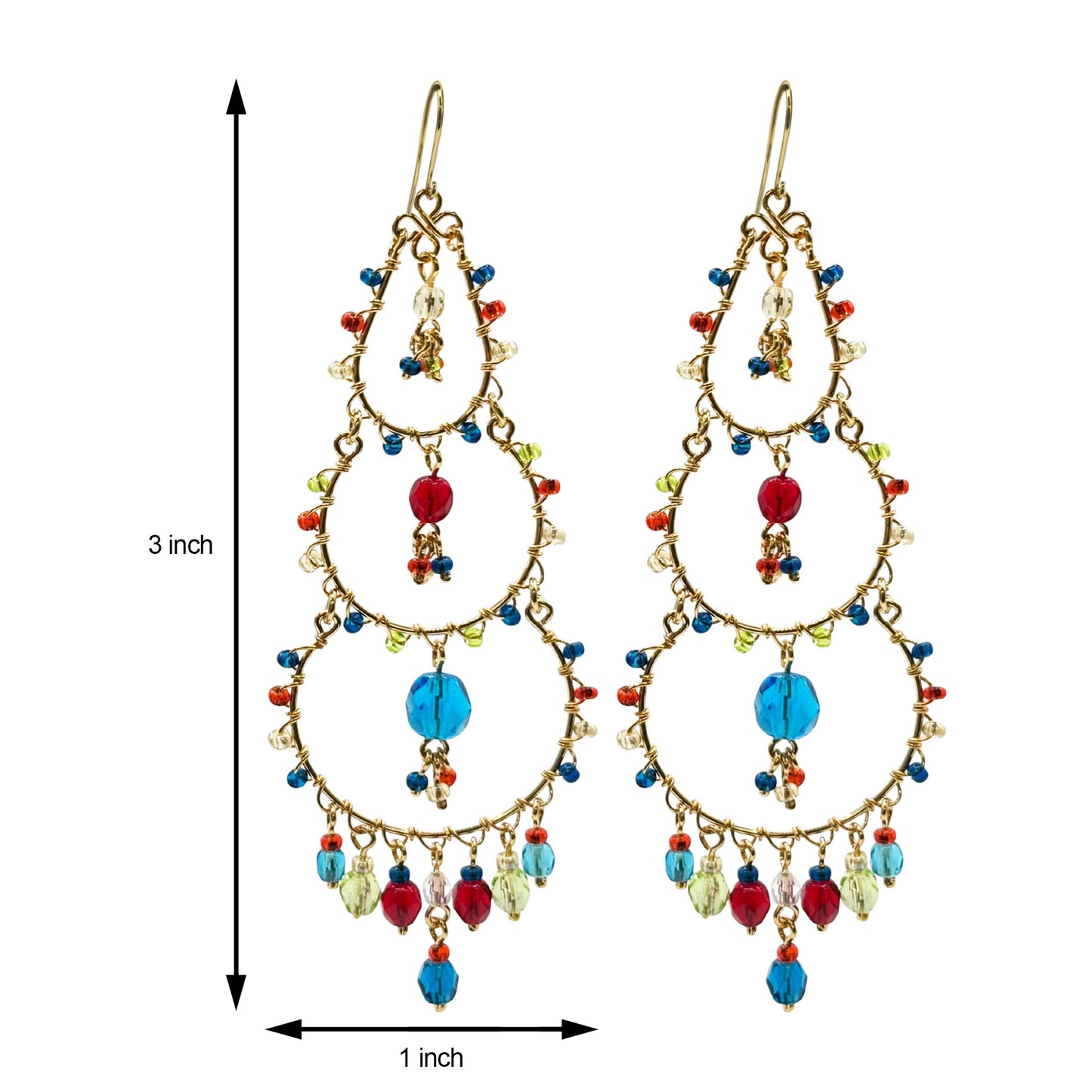 Gold Tone Tiered Chandelier Earrings with Blue Fire Polished Beads Statement Dangle Jewelry