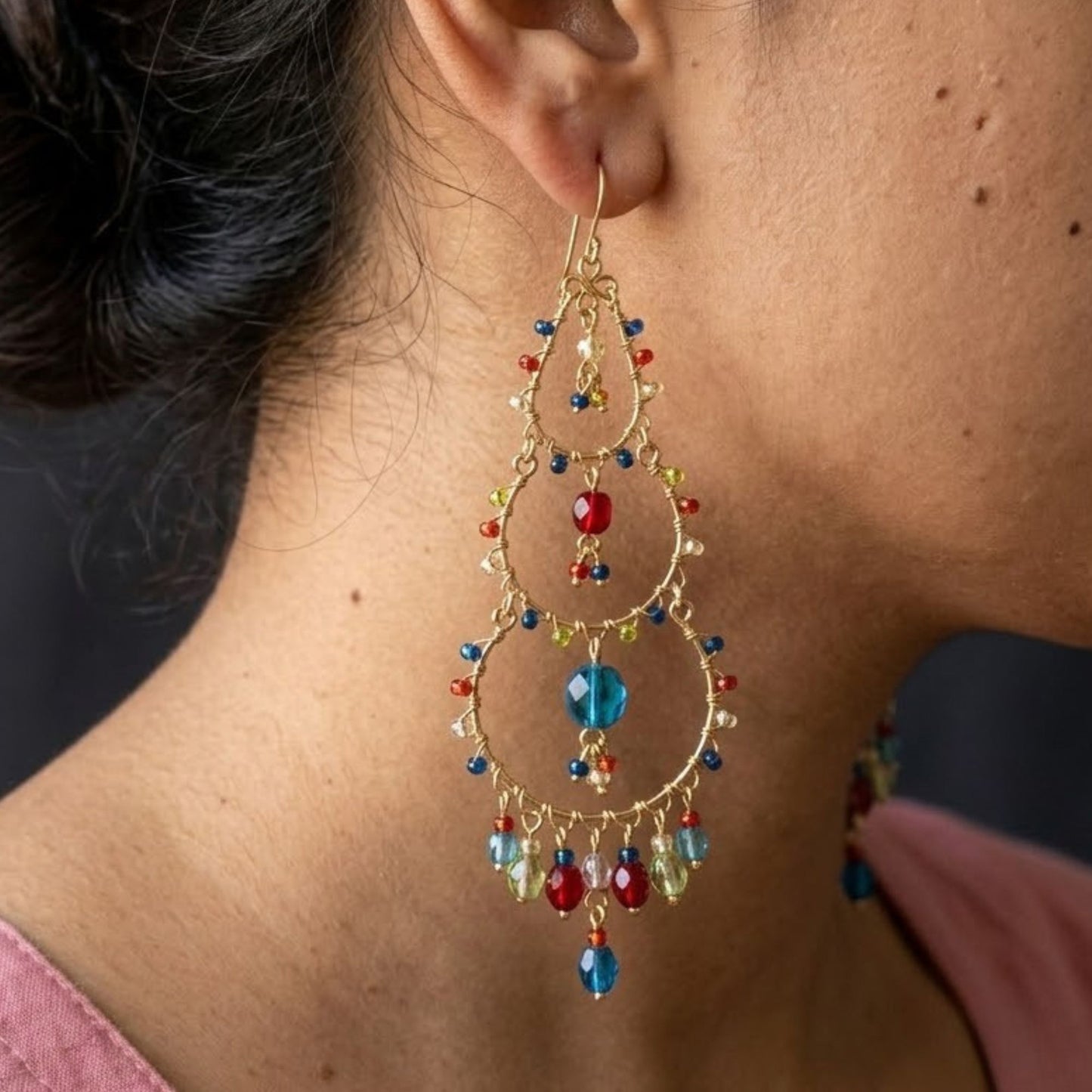 Gold Tone Tiered Chandelier Earrings with Blue Fire Polished Beads Statement Dangle Jewelry