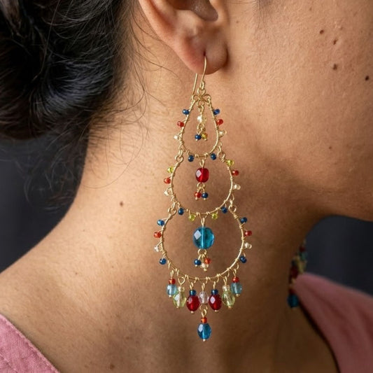 Gold Tone Tiered Chandelier Earrings with Blue Fire Polished Beads Statement Dangle Jewelry