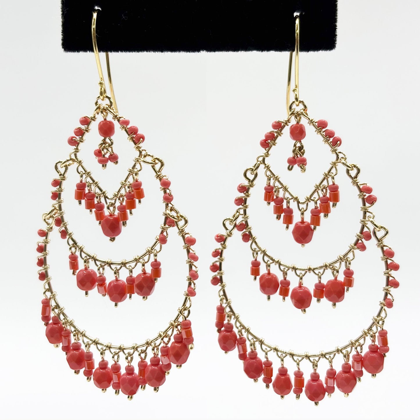 Gold Tone Teardrop Chandelier Earrings with Red Fire Polished Beads Statement Dangle Jewelry