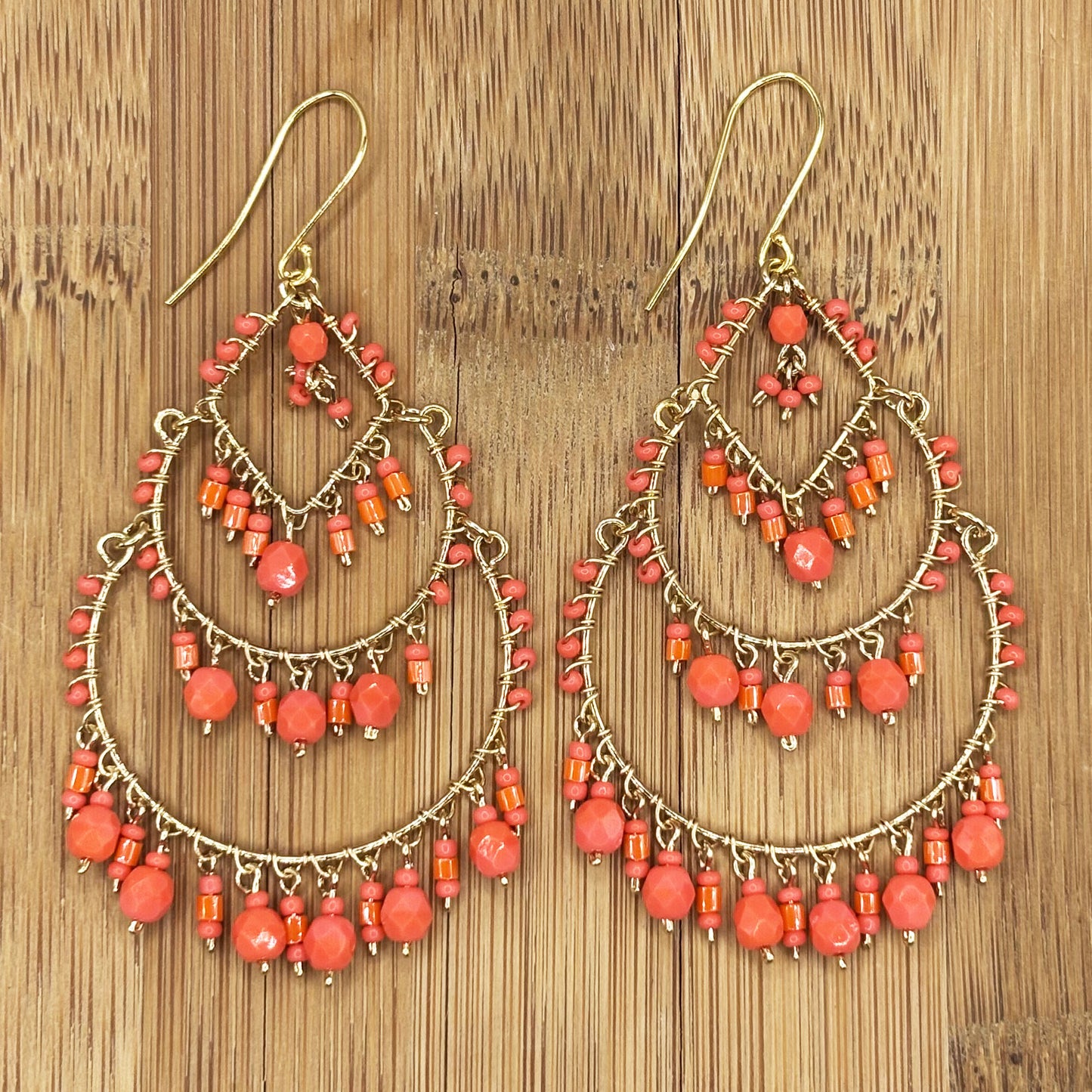 Gold Tone Teardrop Chandelier Earrings with Red Fire Polished Beads Statement Dangle Jewelry