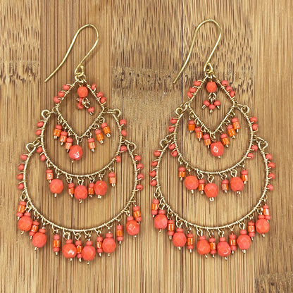 Gold Tone Teardrop Chandelier Earrings with Red Fire Polished Beads Statement Dangle Jewelry