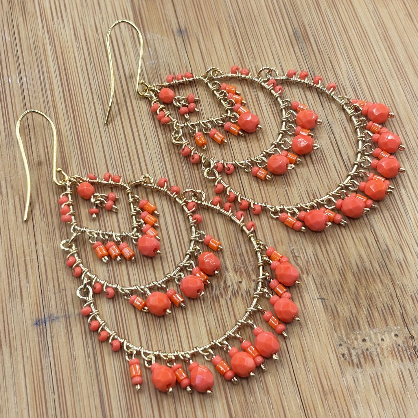 Gold Tone Teardrop Chandelier Earrings with Red Fire Polished Beads Statement Dangle Jewelry