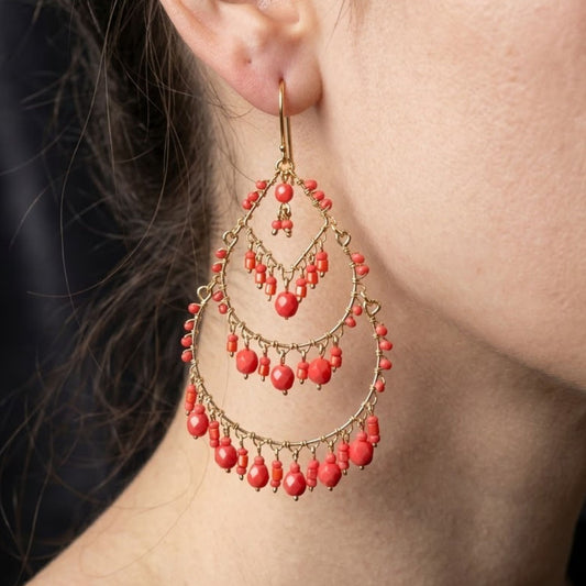 Gold Tone Teardrop Chandelier Earrings with Red Fire Polished Beads Statement Dangle Jewelry
