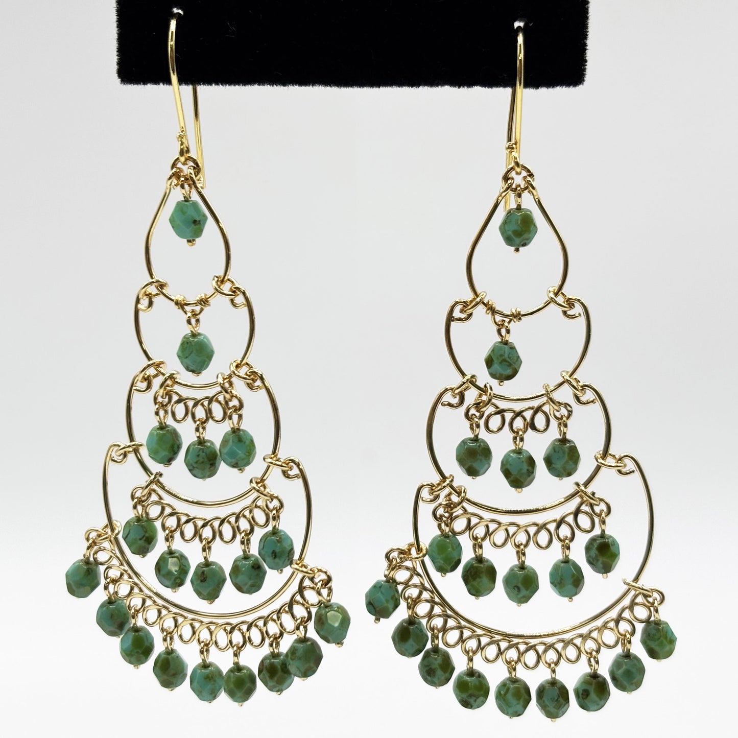 Gold Tone Tiered Chandelier Earrings with Green Beads Boho Dangle Statement Jewelry for Women
