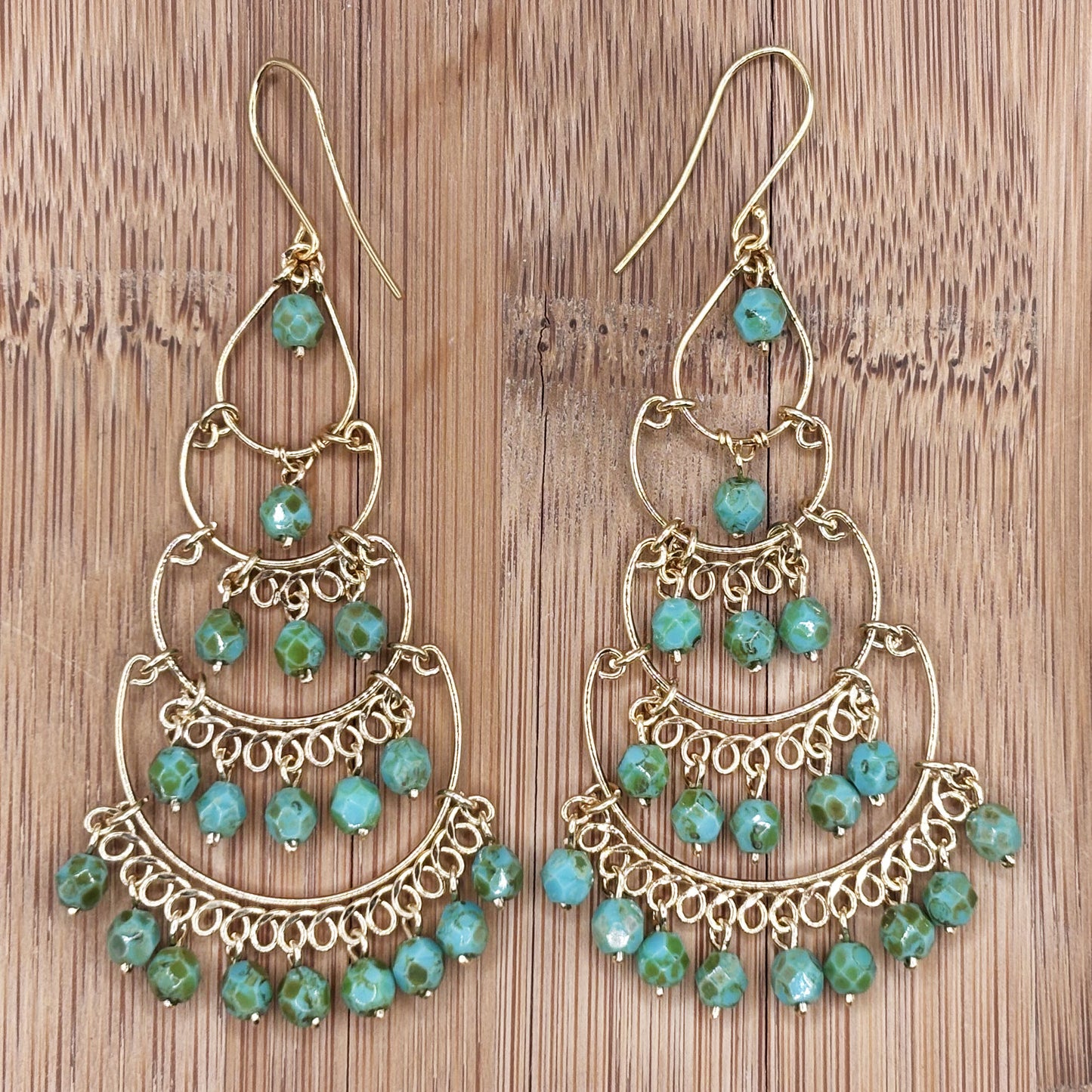 Gold Tone Tiered Chandelier Earrings with Green Beads Boho Dangle Statement Jewelry for Women