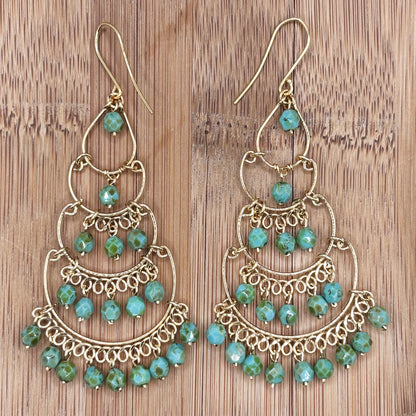 Gold Tone Tiered Chandelier Earrings with Green Beads Boho Dangle Statement Jewelry for Women