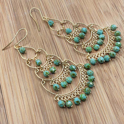 Gold Tone Tiered Chandelier Earrings with Green Beads Boho Dangle Statement Jewelry for Women