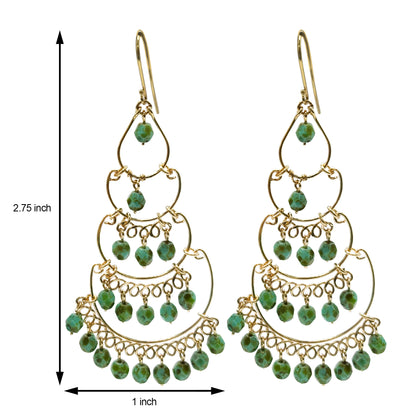 Gold Tone Tiered Chandelier Earrings with Green Beads Boho Dangle Statement Jewelry for Women