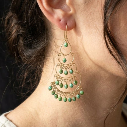 Gold Tone Tiered Chandelier Earrings with Green Beads Boho Dangle Statement Jewelry for Women
