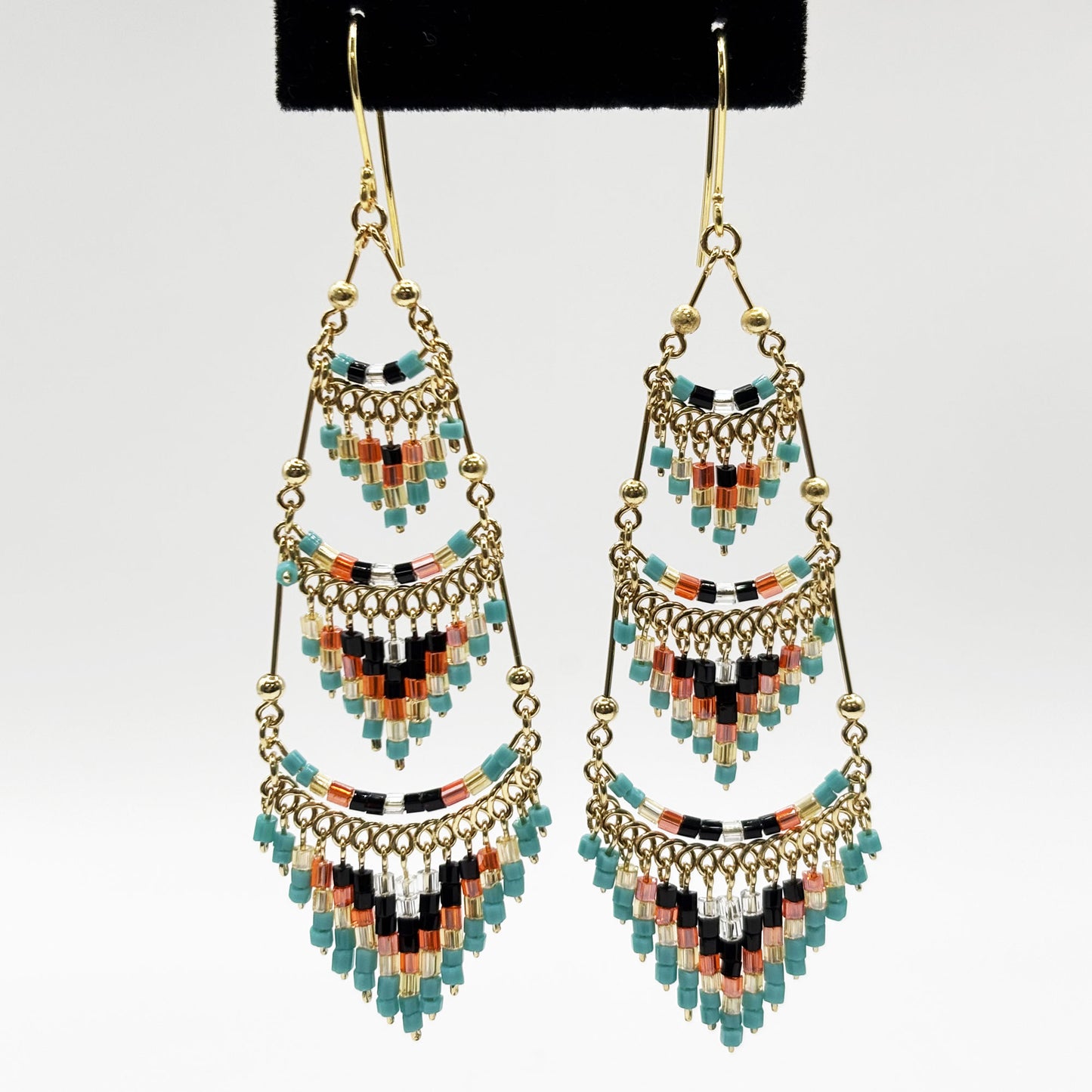Gold Tone Tiered Chandelier Earrings with Multicolor Czech Beads Boho Dangle Statement Jewelry for Women