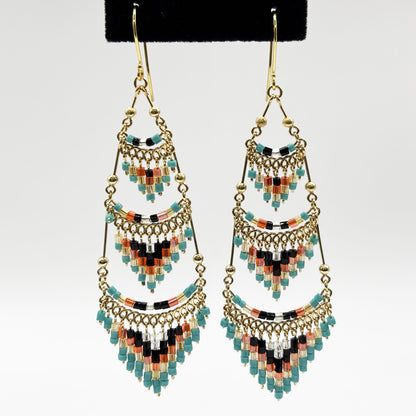 Gold Tone Tiered Chandelier Earrings with Multicolor Czech Beads Boho Dangle Statement Jewelry for Women