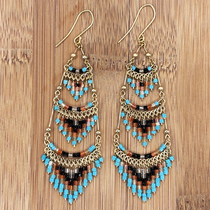Gold Tone Tiered Chandelier Earrings with Multicolor Czech Beads Boho Dangle Statement Jewelry for Women