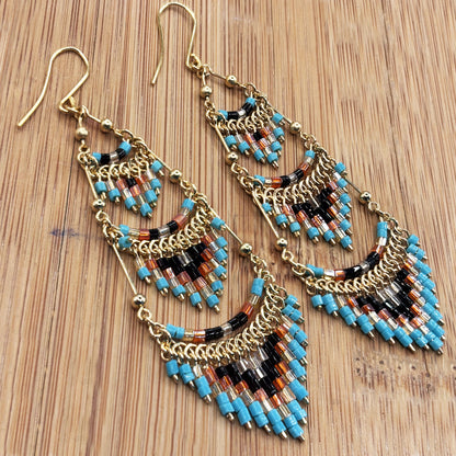 Gold Tone Tiered Chandelier Earrings with Multicolor Czech Beads Boho Dangle Statement Jewelry for Women