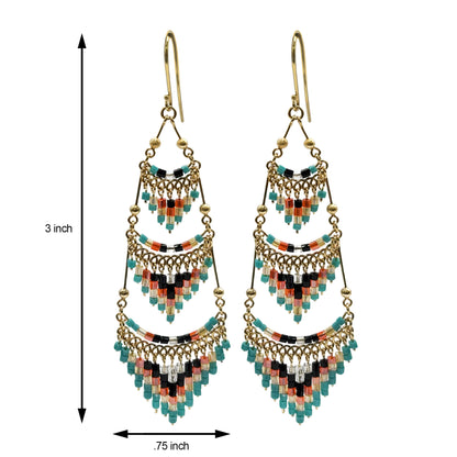 Gold Tone Tiered Chandelier Earrings with Multicolor Czech Beads Boho Dangle Statement Jewelry for Women